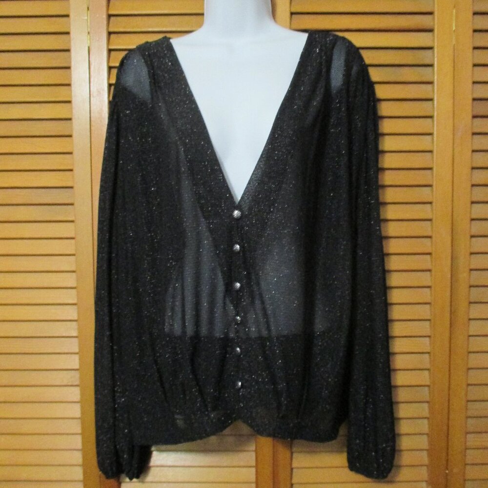 Shein top sheer black over shirt with silver threads & buttons like new size 1x